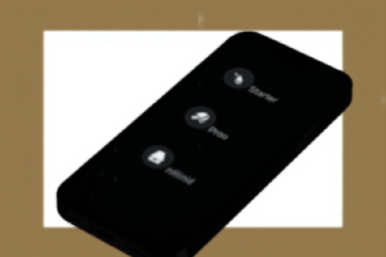 smartphone yang menampilkan tier harga dengan ikon jelas untuk paket pemula, pro, dan tak terbatas