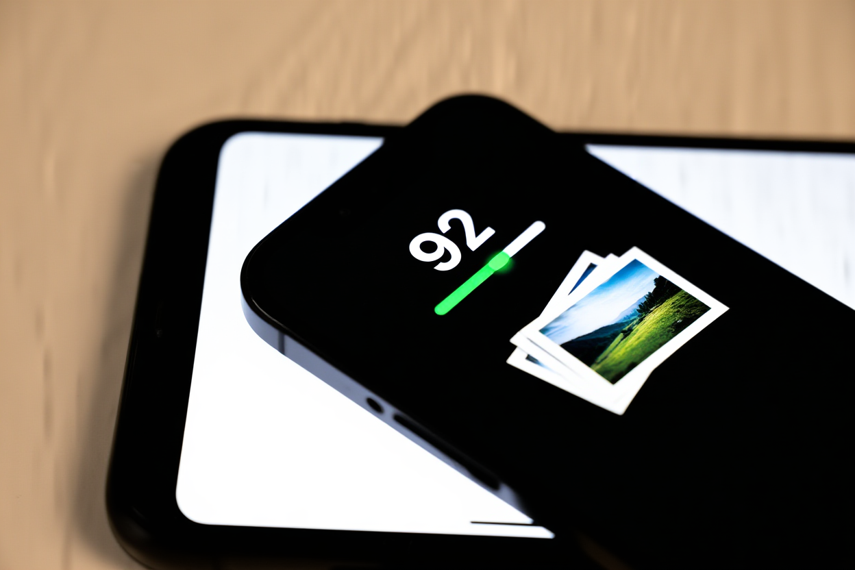 ein Smartphone-Bildschirm, der einen Score-Zeiger mit dem Wert 92 und grünen Indikatoren neben einem Stapel gedruckter Fotos zeigt
