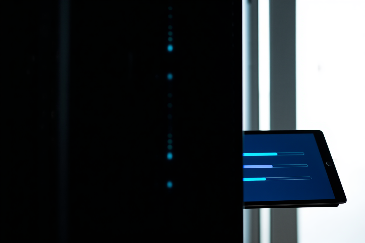 ein Server-Rack mit blauen LED-Leuchten neben einem Tablet, das Fortschrittsbalken für die Massenverarbeitung von Dateien anzeigt