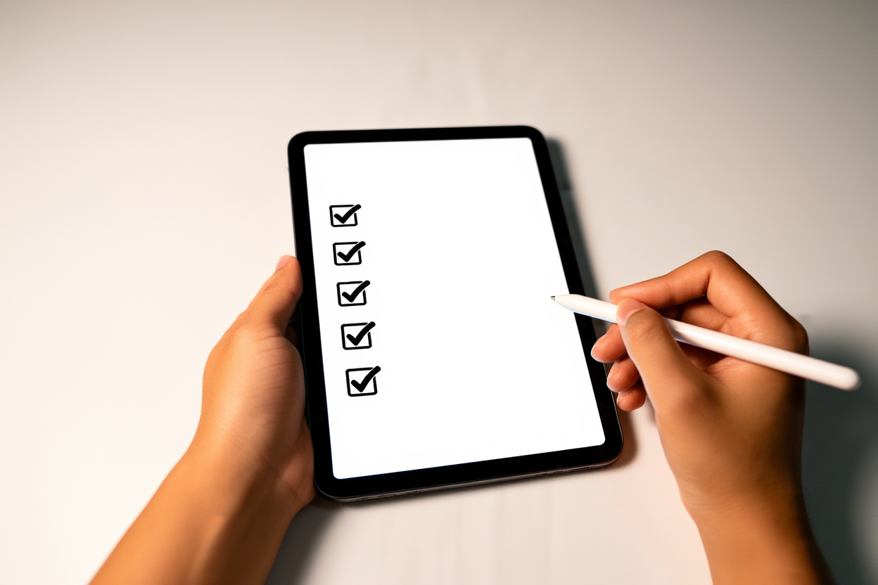 eine Hand hält einen Stylus, der auf eine digitale Checkliste mit Häkchen neben Workflow-Schritten auf einem Tablet-Bildschirm zeigt