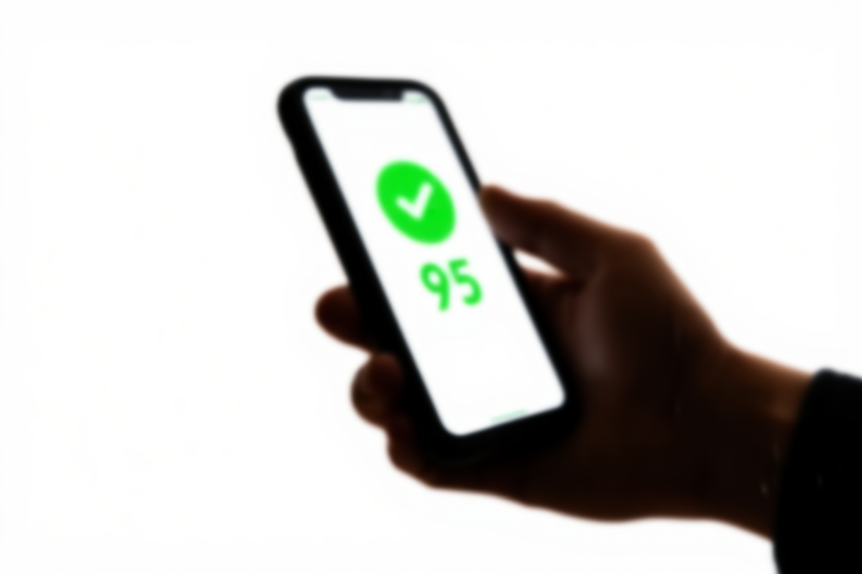 eine Hand hält ein Smartphone, das einen grünen „95“-Score-Badge auf einem sauberen weißen Hintergrund anzeigt, weiches Tageslicht