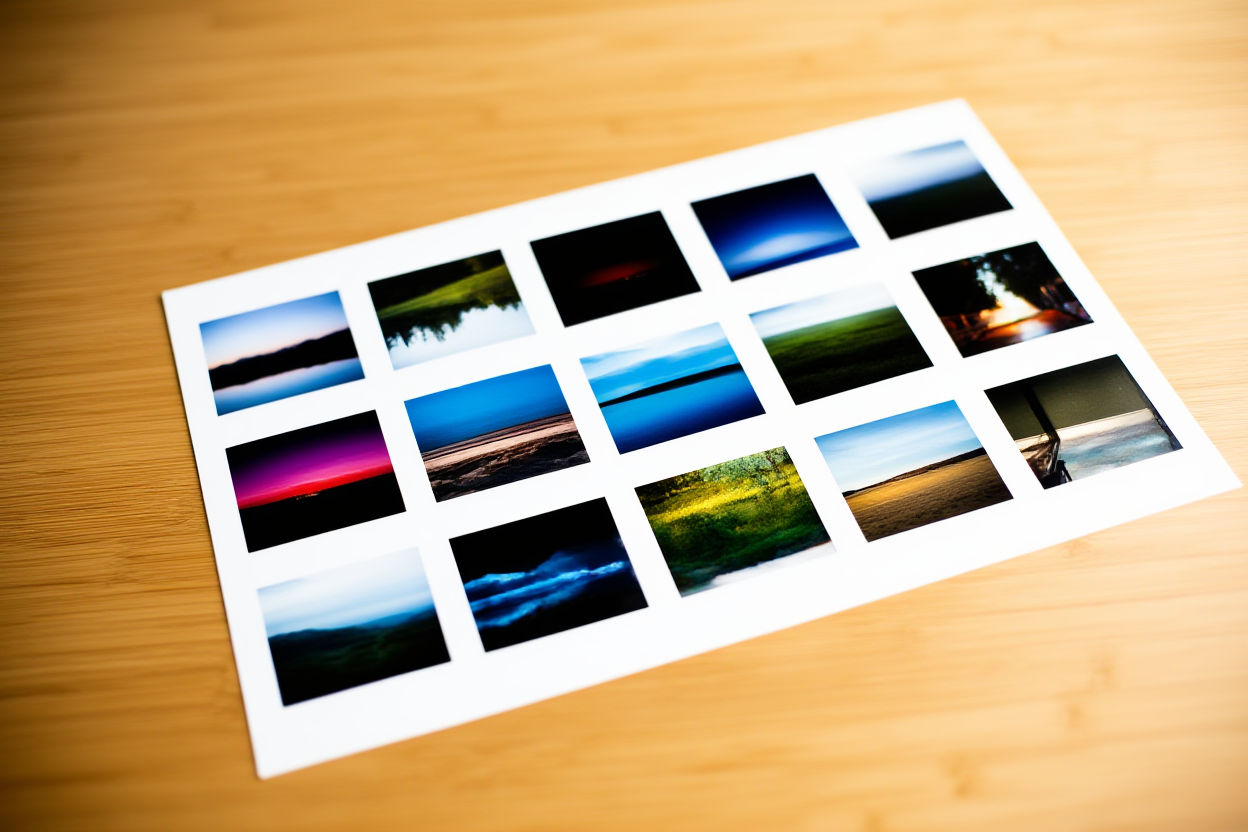 eine Collage aus bunten Stockfoto-Thumbnails, die in einem Raster auf einem Holztisch angeordnet sind, Weitwinkelaufnahme