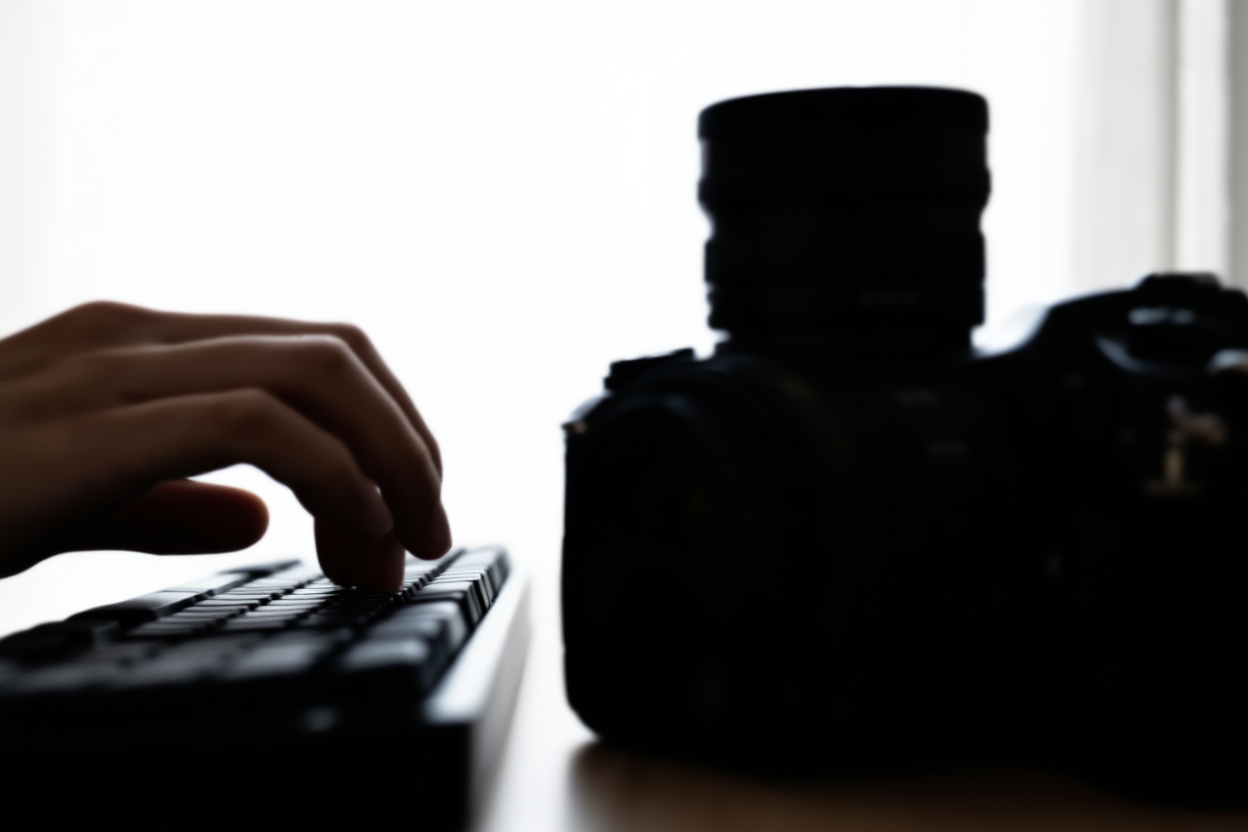 eine Nahaufnahme der Hand eines Fotografen, die auf einer mechanischen Tastatur tippt, neben einer DSLR-Kamera, weiches natürliches Licht