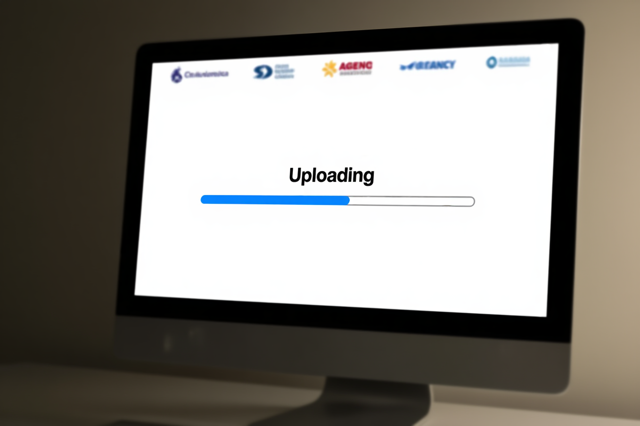 ein schlanker Desktop-Monitor, der eine Fortschrittsleiste mit der Beschriftung „Uploading“ anzeigt, im Hintergrund mehrere Agenturlogos