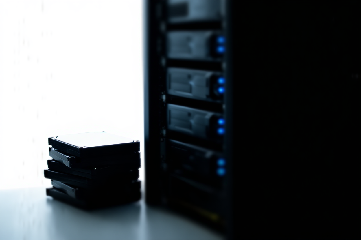 ein großer Server-Rack mit blinkenden blauen Lichtern neben einem Stapel Festplatten, weiches professionelles Licht