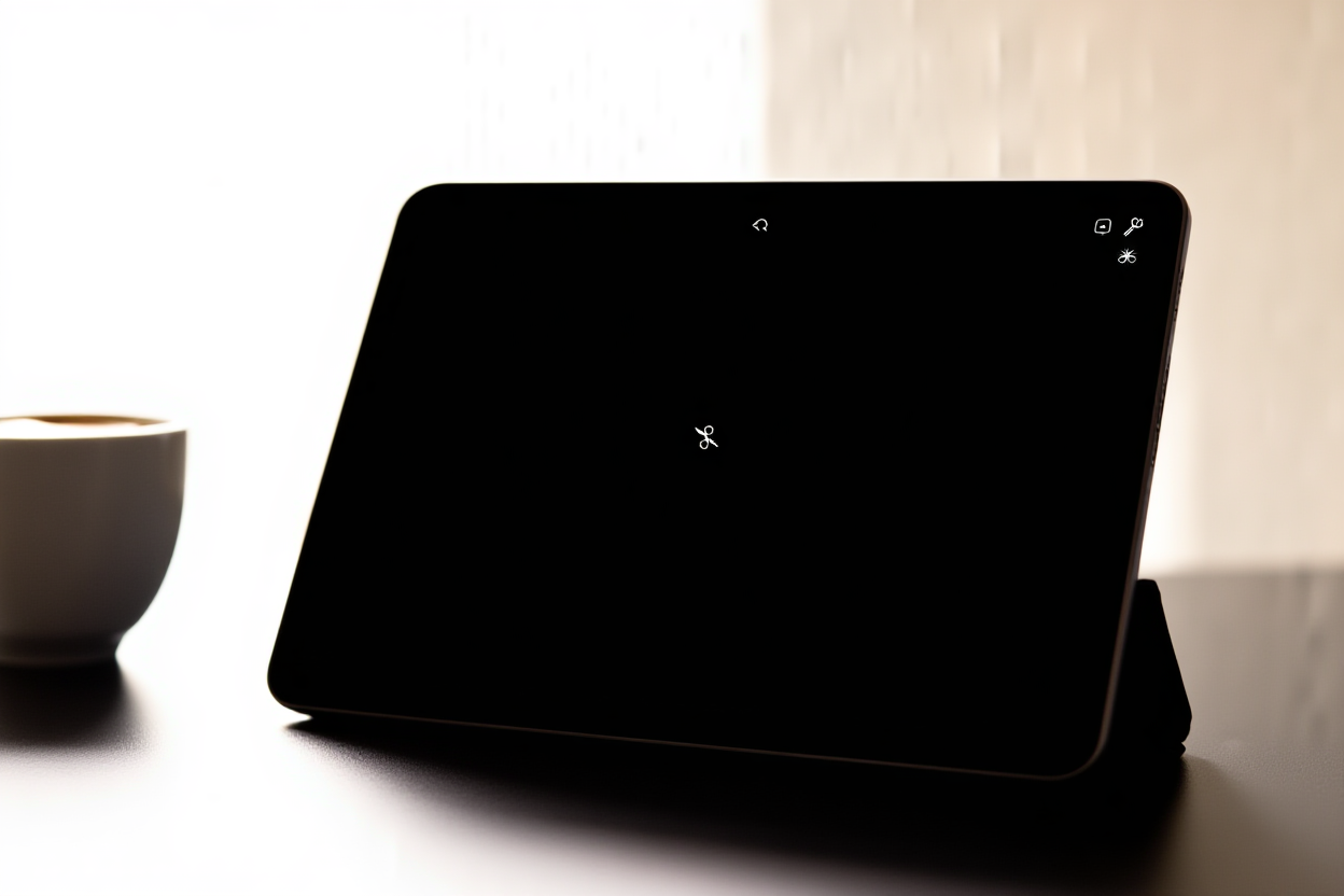 ein Tablet, das verschiedene Bearbeitungssymbole wie Scheren und Regler anzeigt, neben einer Kaffeetasse auf einem Schreibtisch, weiches Tageslicht