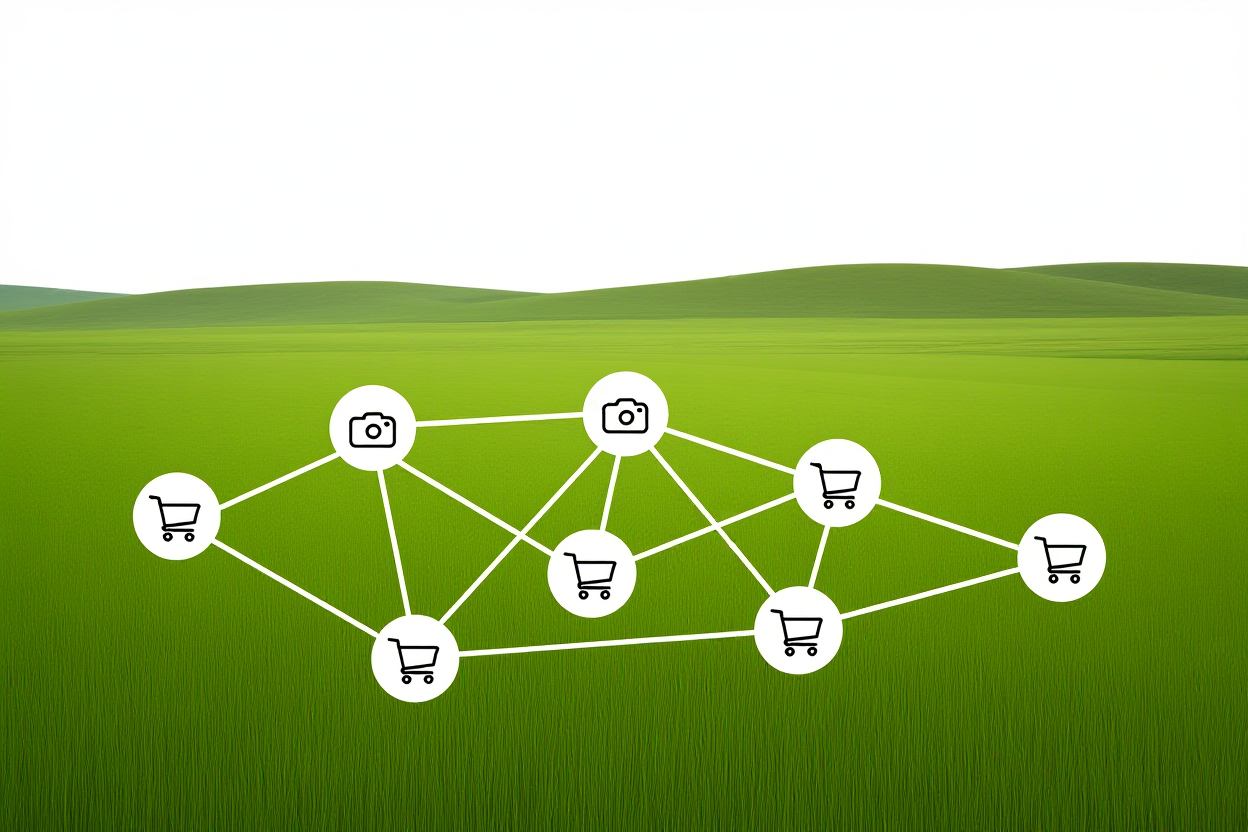 a digital network visualization connecting camera icons to shopping cart icons