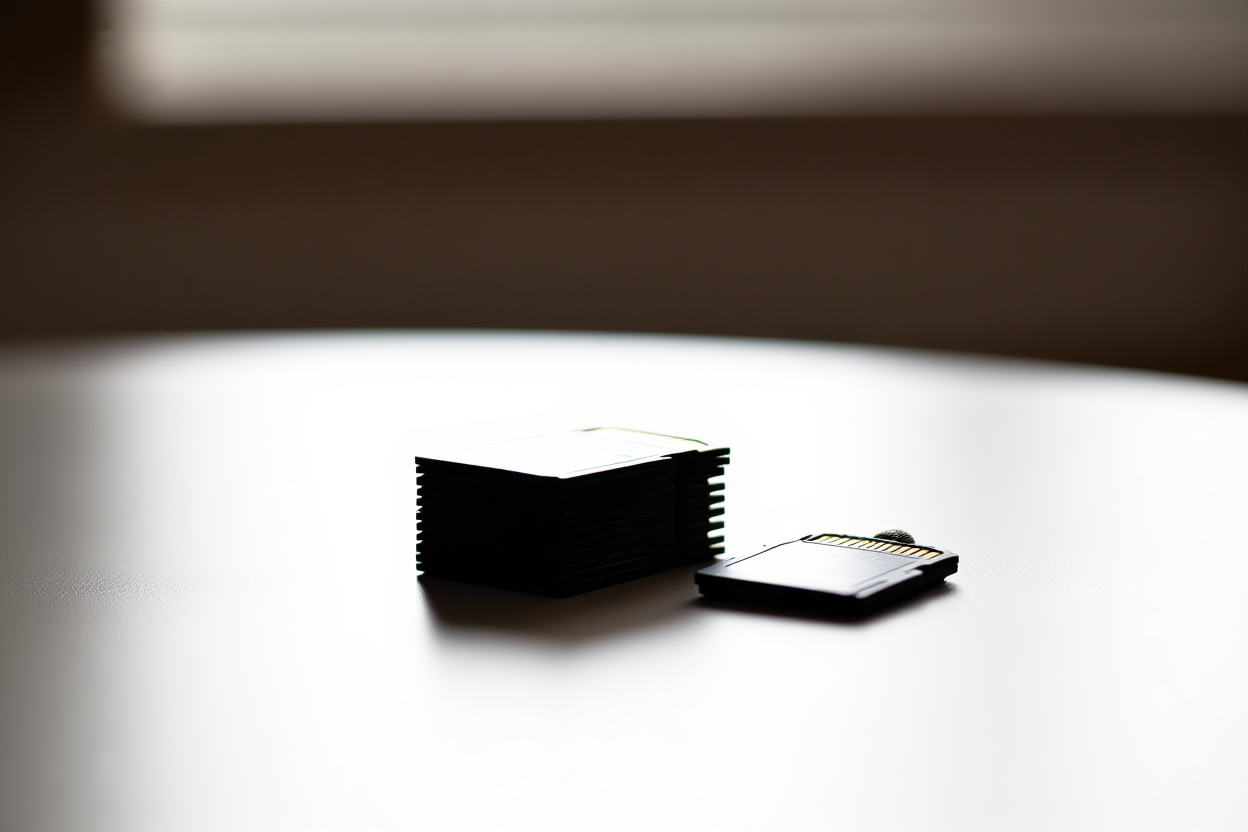 a stack of photo memory cards next to a stopwatch on a desk