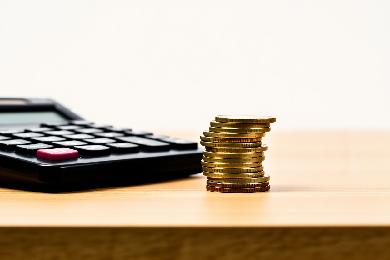 a calculator next to a stack of coins on a wooden surface