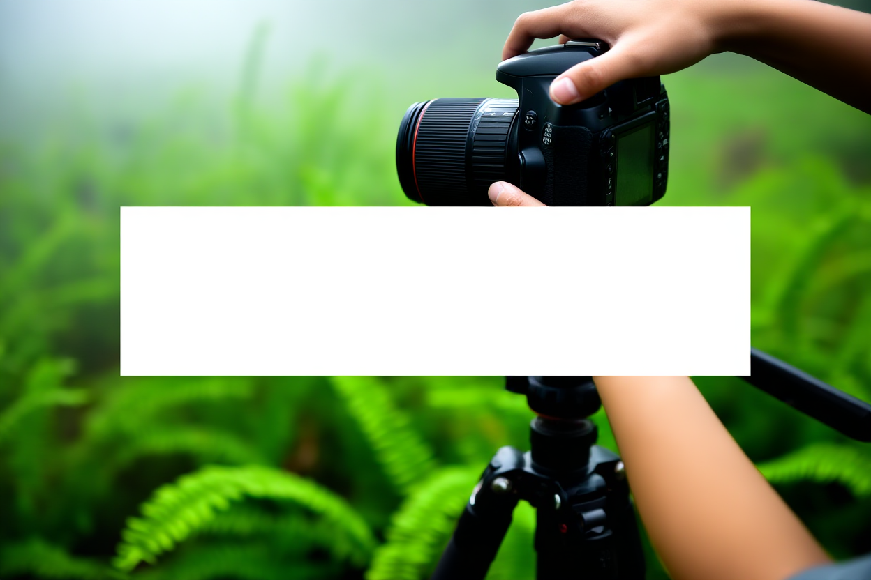 Tampilan dekat tangan seorang fotografer yang menyesuaikan lensa pada kamera DSLR profesional yang dipasang di tripod di tengah lu