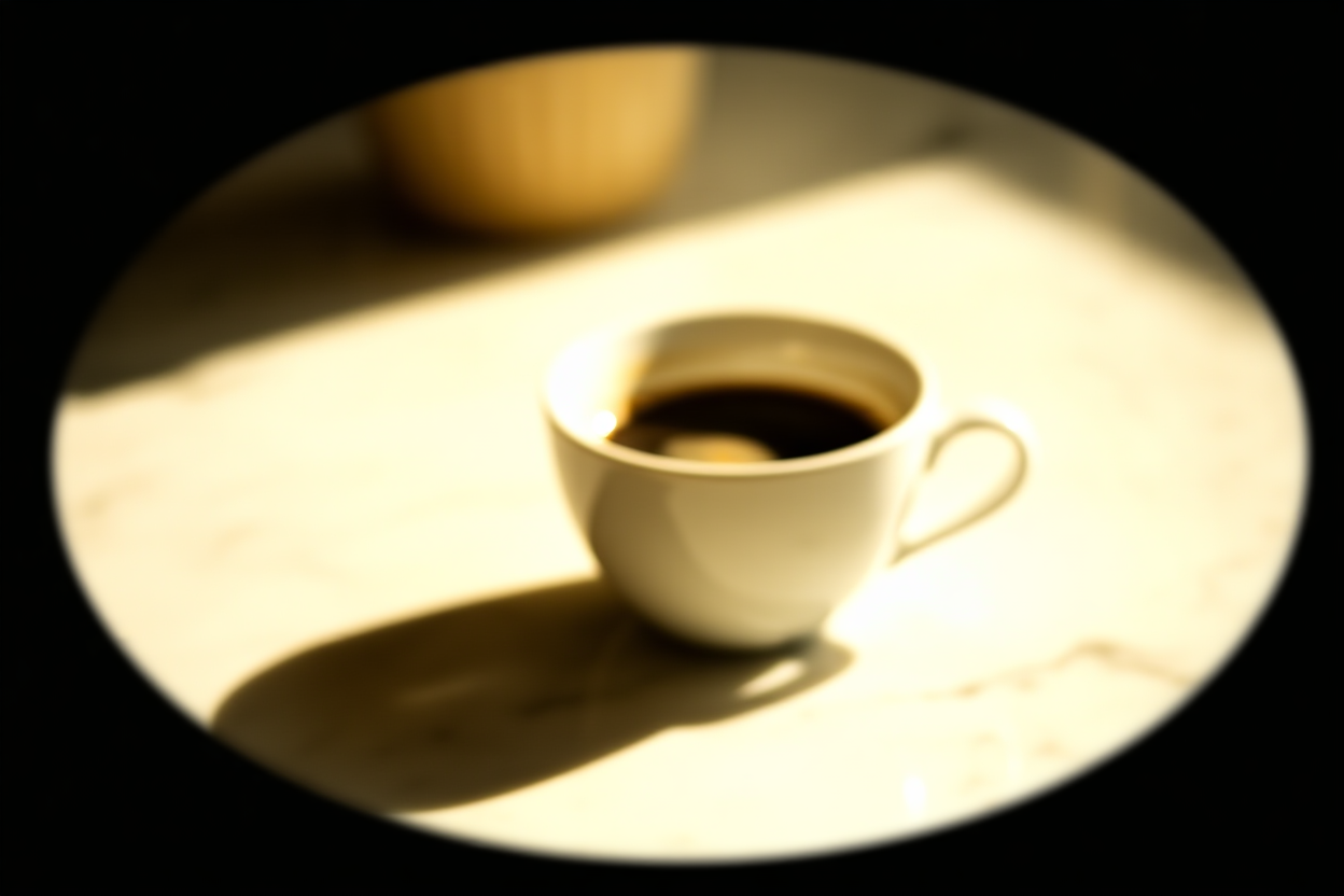 Tampilan dekat smartphone modern yang terbaring di sebelah secangkir kopi di atas meja marmer dengan sinar matahari memancarkan bayangan lembut