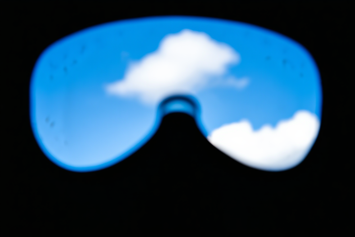 Seorang fotografer memegang viewfinder transparan melawan langit biru cerah yang dipenuhi awan putih fluffy melihat tow