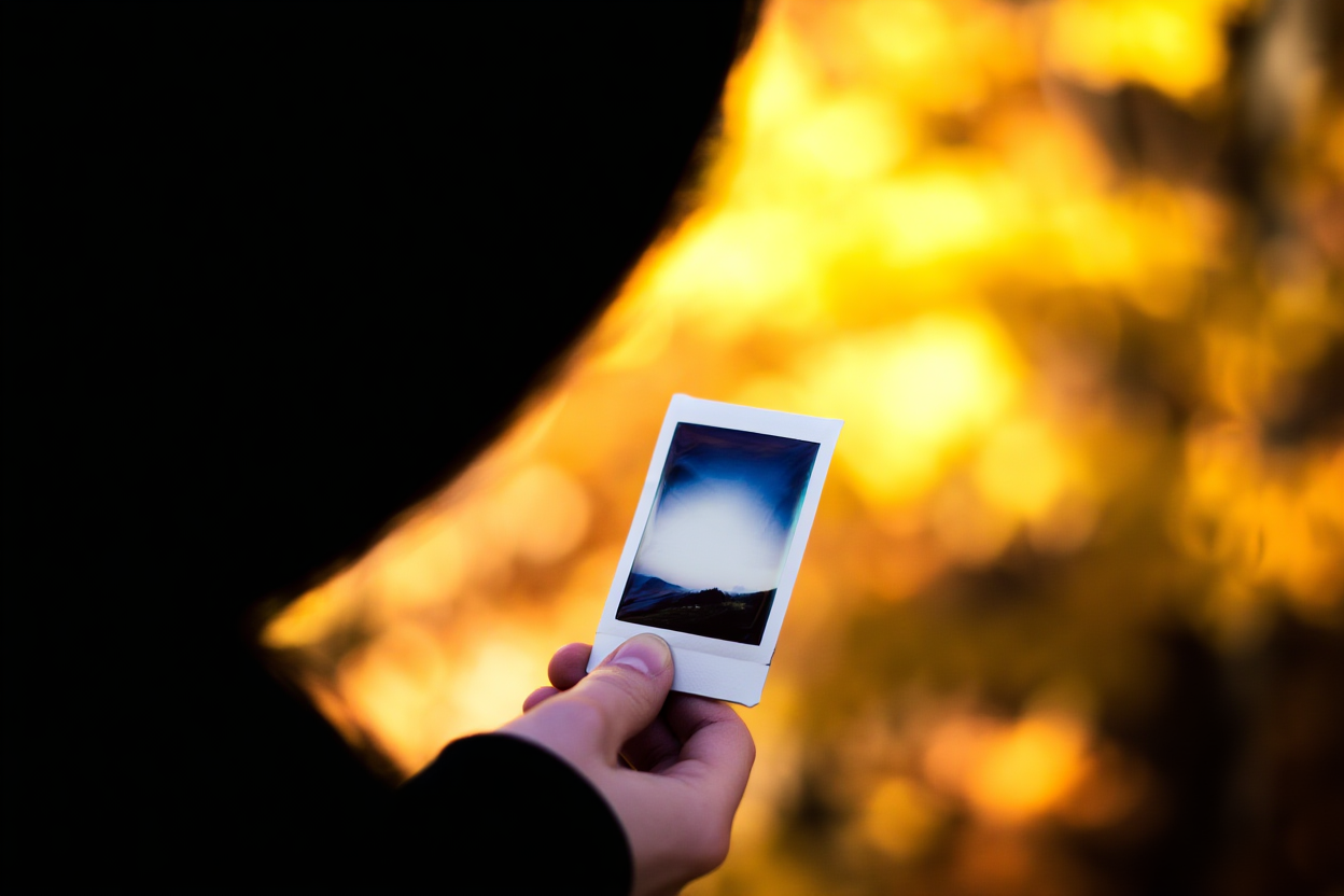 柔らかく焦点の合った秋の葉と暖かい背景に対して、ポラロイド写真を撮っているフォトグラファーの手元のクローズアップショット