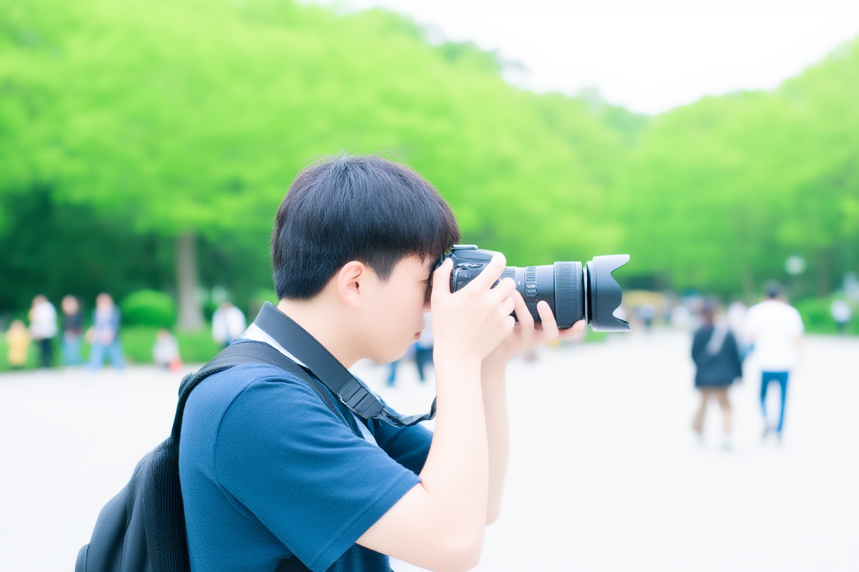 緑の木々と背景を歩く人々の中で、公園で屋外にタブレット上で画像を確認しているフォトグラファー
