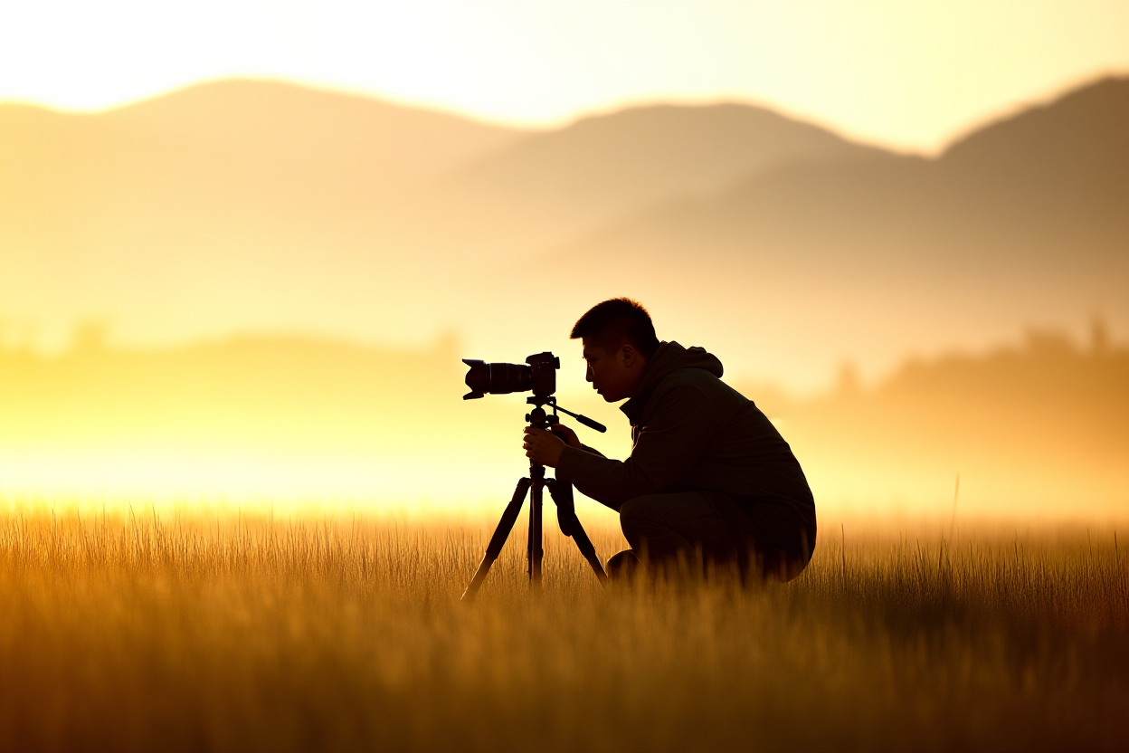 ein Fotograf kniet im hohen goldenen Gras bei Sonnenaufgang und passt eine DSLR auf einem Stativ an, entfernte Berge, warmes Gegenlicht,