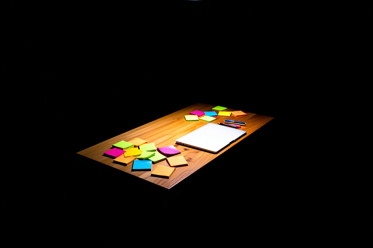 ein Designer sitzt an einem Holztisch mit einem Tablet, das farbige Diagramme und Grafiken anzeigt, umgeben von verstreuten Haftnotizen 