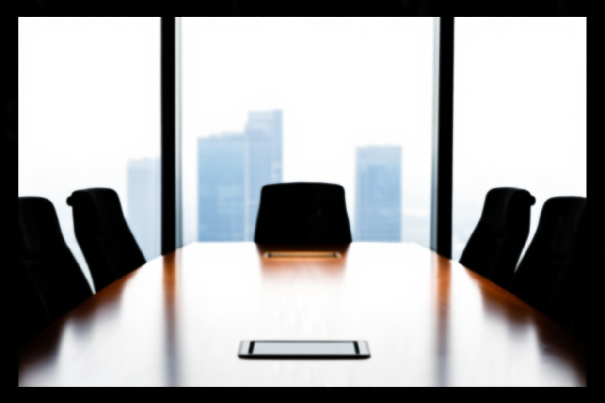 ein schlichtes modernes Bürokonferenzzimmer mit großen Fenstern, die auf eine Stadtsilhouette blicken, leere Stühle um einen poli 