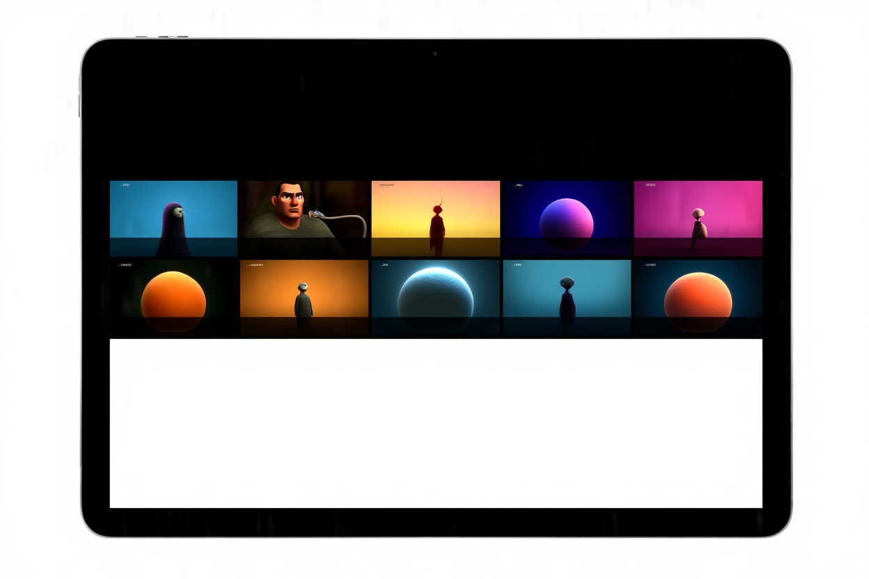 ein digitales Tablet, das eine Liste farbiger 3D-Animation-Vorschaubilder mit Metadaten-Tags zeigt, sauberer Aufbau