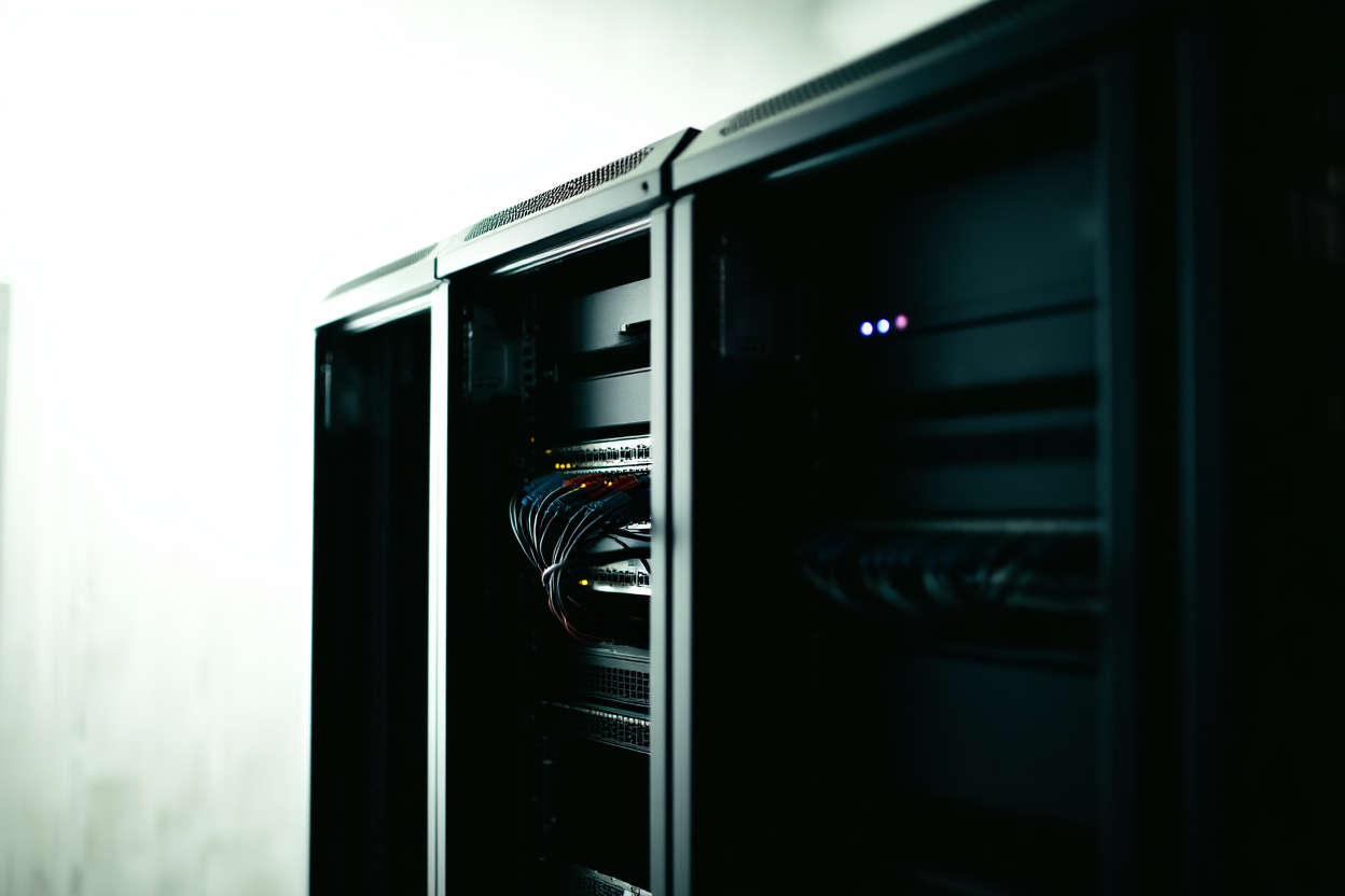ein Server-Rack mit blinkenden Lichtern, verbunden mit Kabeln, Symbol für automatisierte Datenübertragung und FTP-Verteilung