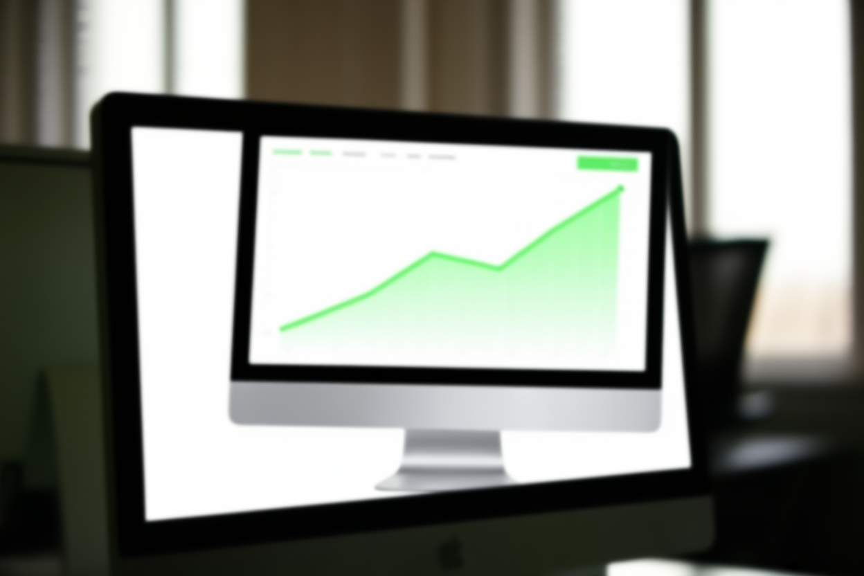 monitor desktop sleek menampilkan dasbor analitik bersih dengan grafik pertumbuhan hijau, posisi di kantor modern w