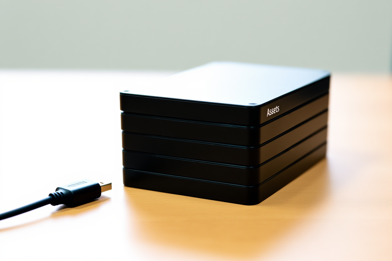 tumpukan hard drive yang rapi bertanda "Assets" di samping kabel USB di meja, simbol penyimpanan data dan kerja