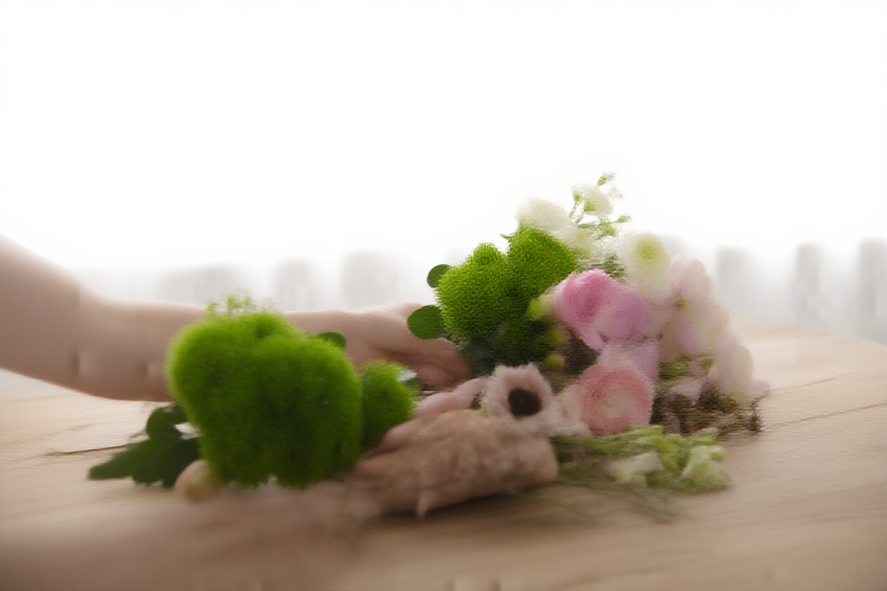 Eine Nahaufnahme von Händen, die sorgfältig lebendige Blumensträuße auf einem rustikalen Holztisch in einem hellen Studio mit so anordnen