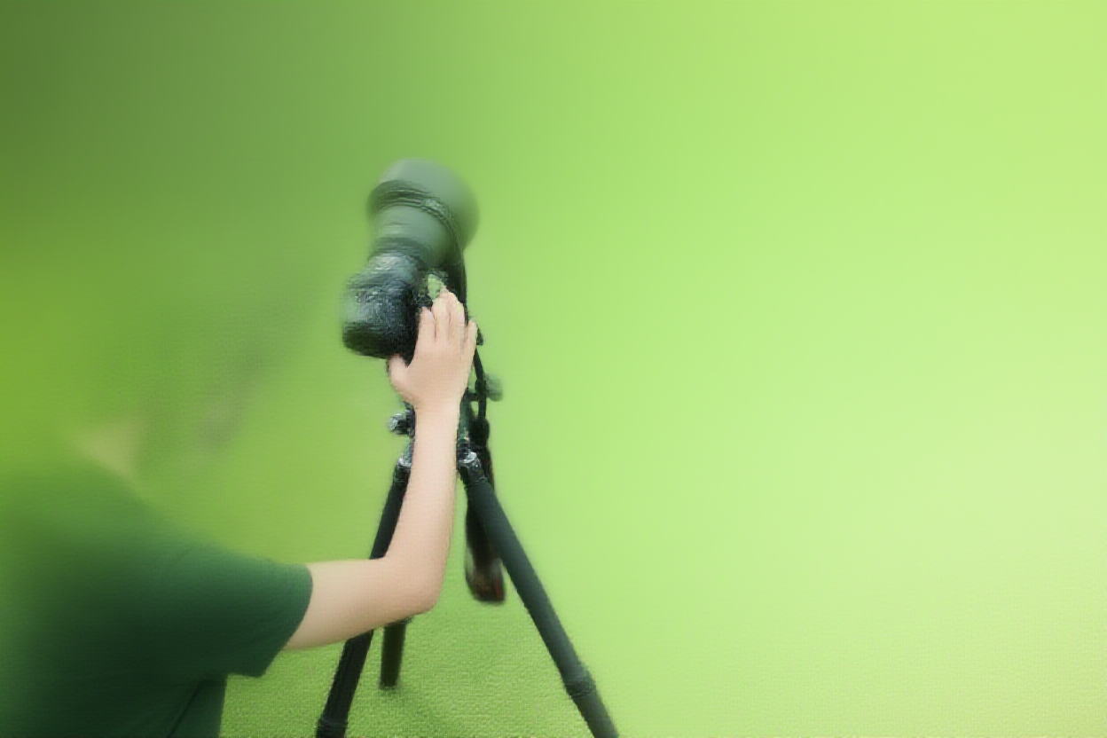 Ein Fotograf justiert den Ringfokus an einer professionellen DSLR-Kamera, die auf einem stabilen Stativ in einem üppigen grünen Garten montiert ist 
