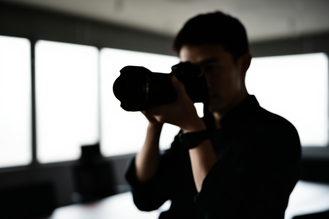 a professional photographer holding a camera with a wide-angle lens pointing at a modern office workspace with natural l