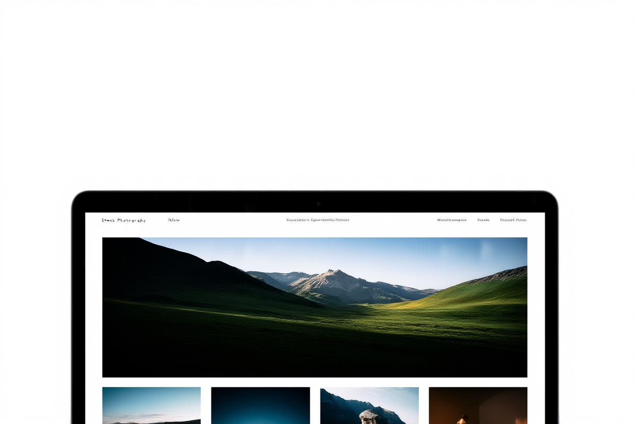 a close-up of a laptop screen displaying a stock photography website with high-resolution images and descriptive text ov