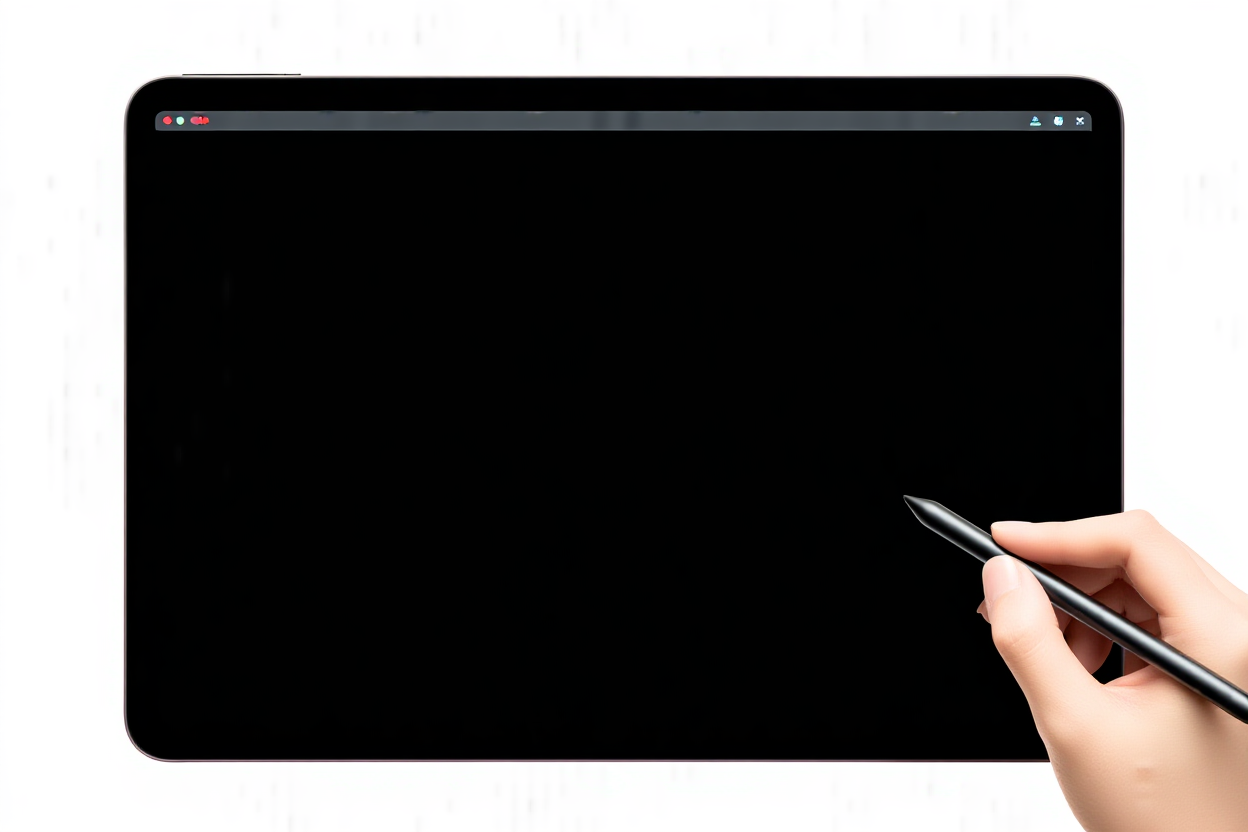 a hand using a stylus to edit metadata fields on a tablet device displaying stock photography software interface