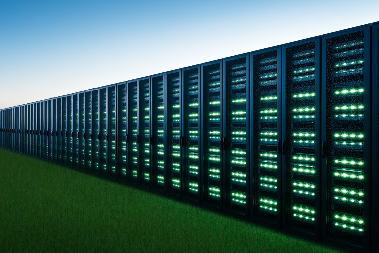 a server rack with blinking lights representing cloud processing power and metadata generation infrastructure