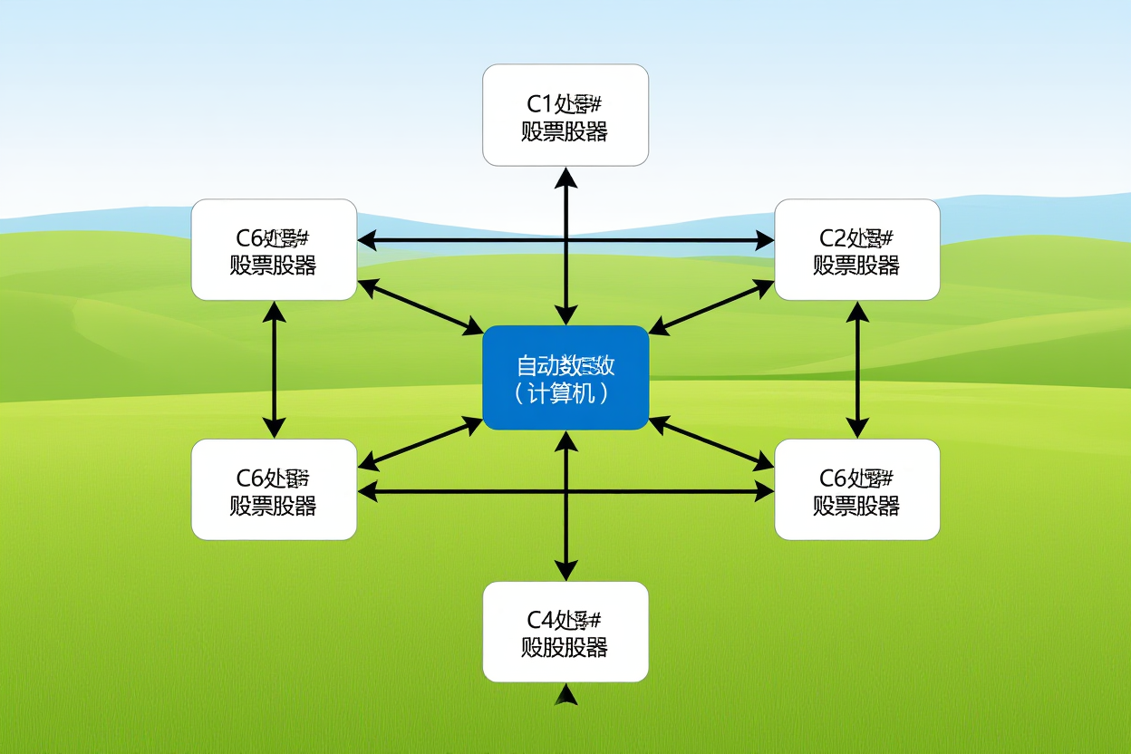 a network diagram showing connected nodes representing automated data flow between a computer and multiple stock agency 