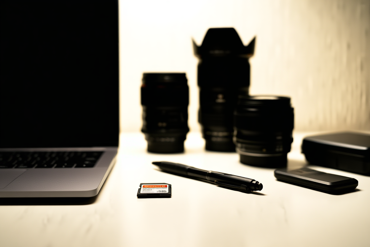 a collection of photography accessories including lenses, memory cards, and a laptop arranged neatly on a desk surface