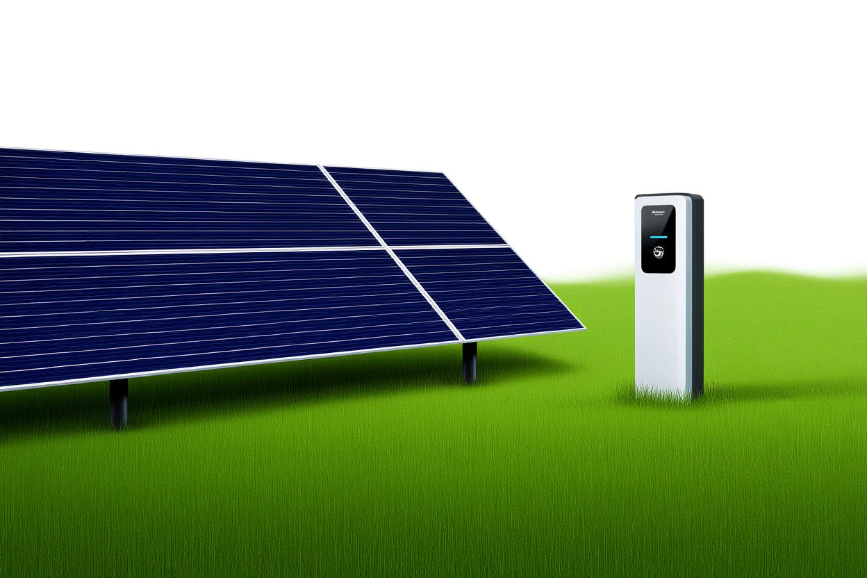 a solar panel array next to a modern electric vehicle charging station, soft natural light, wide landscape shot