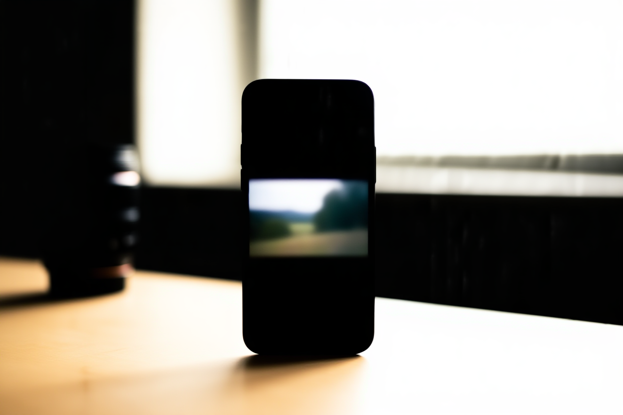 a smartphone displaying vertical video footage on a wooden desk beside a camera lens, soft daylight, wide landscape shot