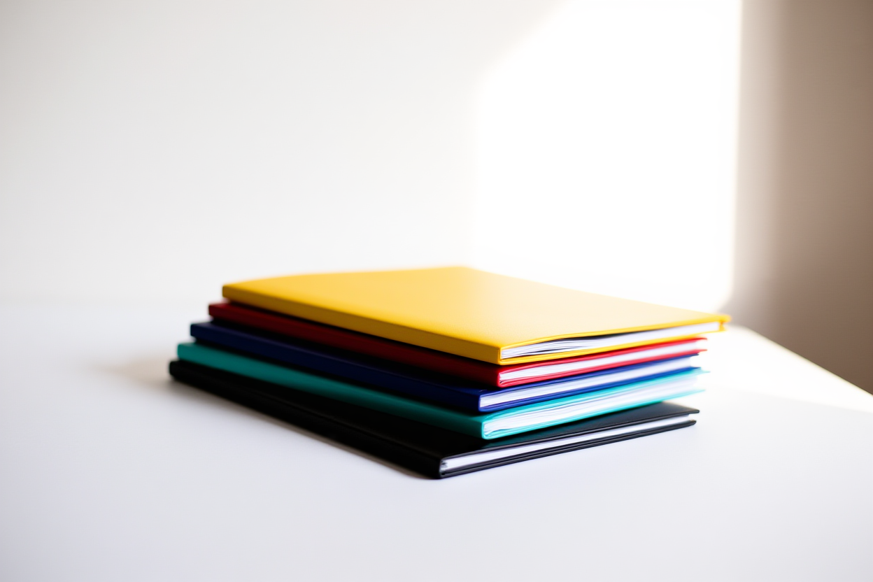 a stack of colorful stock photography portfolios arranged neatly on a white surface, soft daylight, wide landscape shot