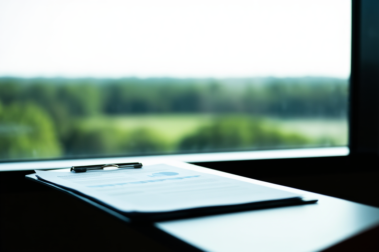 a researcher reviewing a detailed market analysis report at a bright office window, soft daylight, wide landscape shot