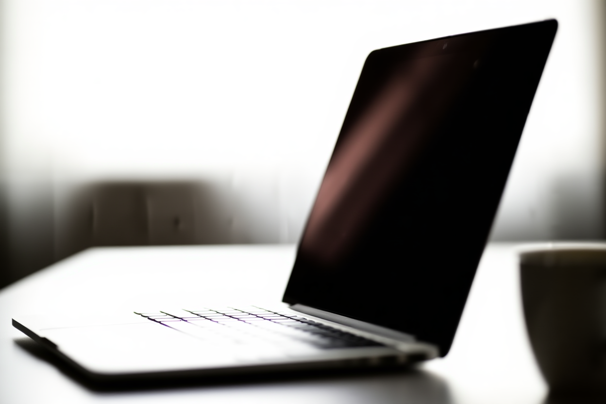a silver laptop open on a clean desk showing a blank reflective screen next to a coffee cup, soft daylight, wide landsca