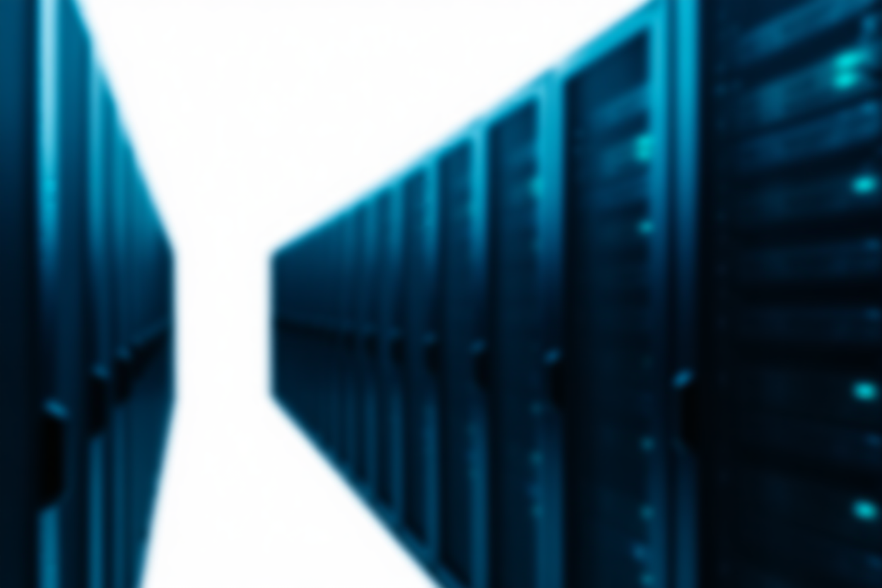 a server rack with blinking lights in a cool-toned data center aisle, soft daylight, wide landscape shot