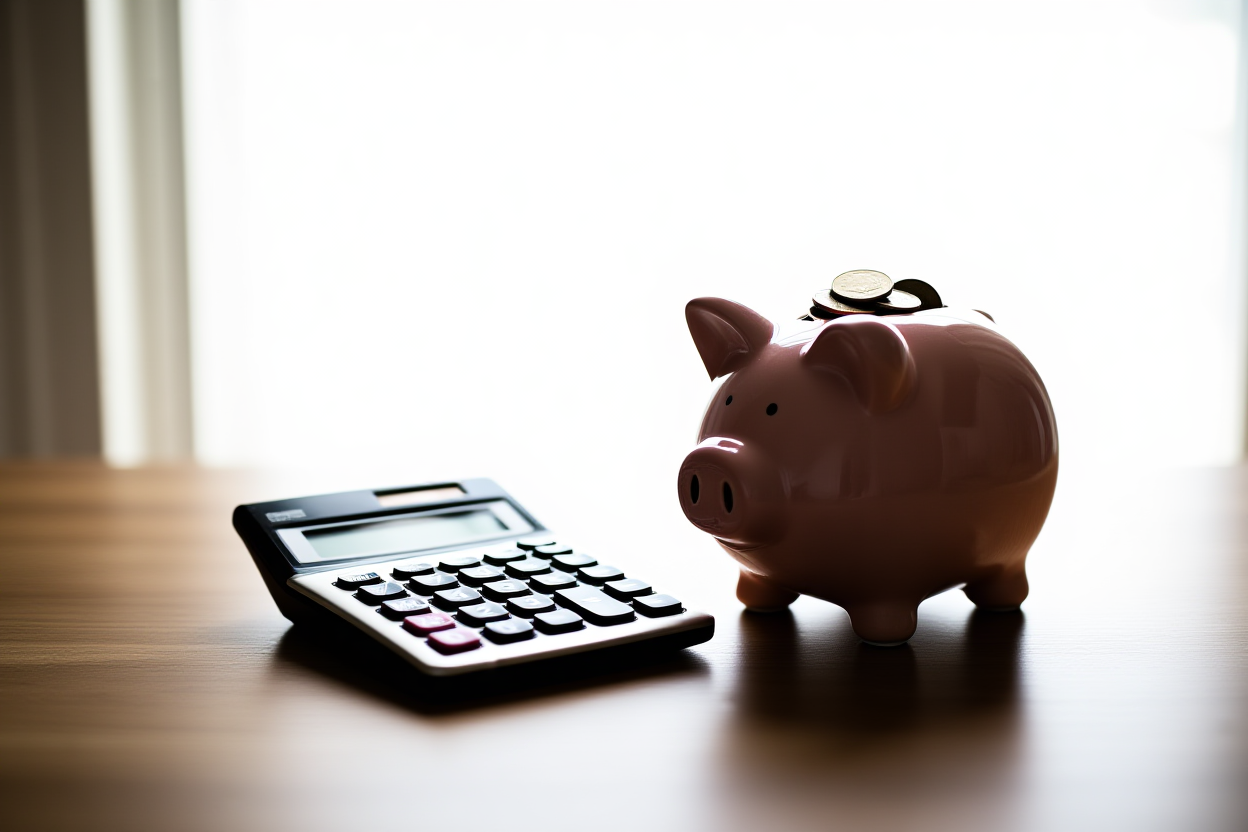 a piggy bank overflowing with coins on a wooden table next to a calculator, soft daylight, wide landscape shot