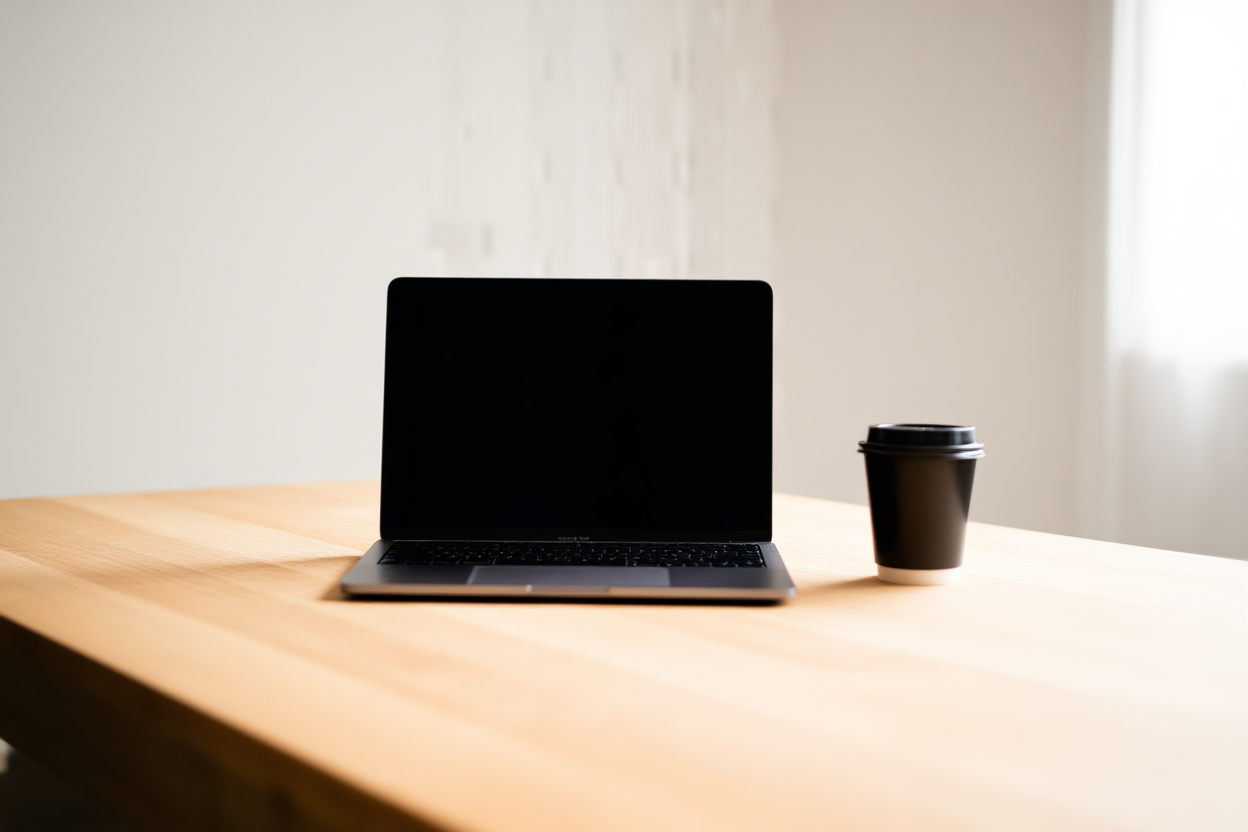 sebuah laptop di atas meja kayu terang berdampingan dengan secangkir kopi, cahaya siang lembut, bidikan lanskap lebar