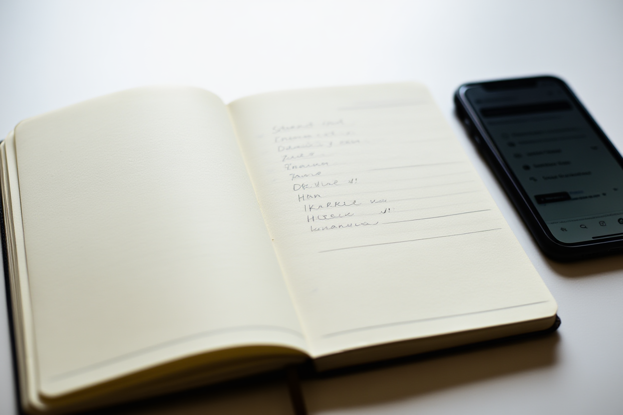 a notebook open to a page listing keywords next to a smartphone displaying search results