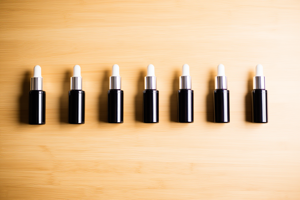 a row of identical-looking product photos on a light wooden surface with soft shadows