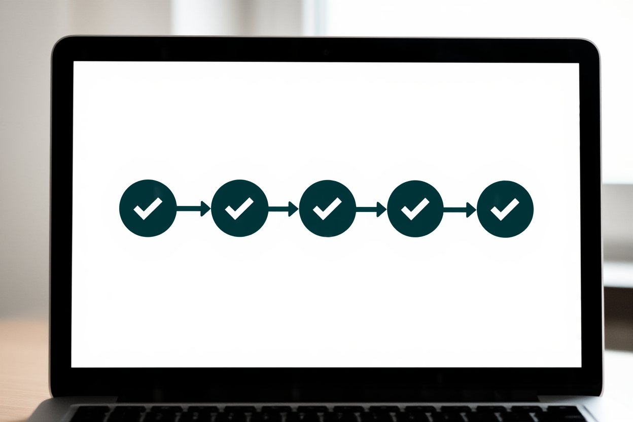 a laptop screen showing a workflow diagram with connected icons and checkmarks