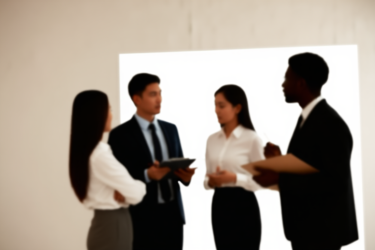 un grupo diverso de profesionales empresariales haciendo brainstorming en una pizarra con superposiciones digitales, iluminación suave de oficina