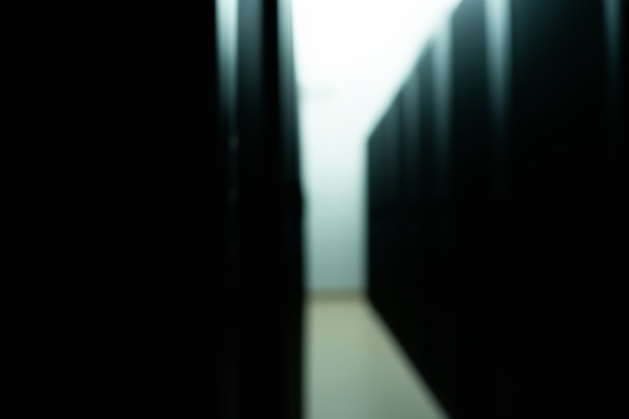 un rack de servidores con luces indicadoras parpadeando en una habitación tenue, plano amplio
