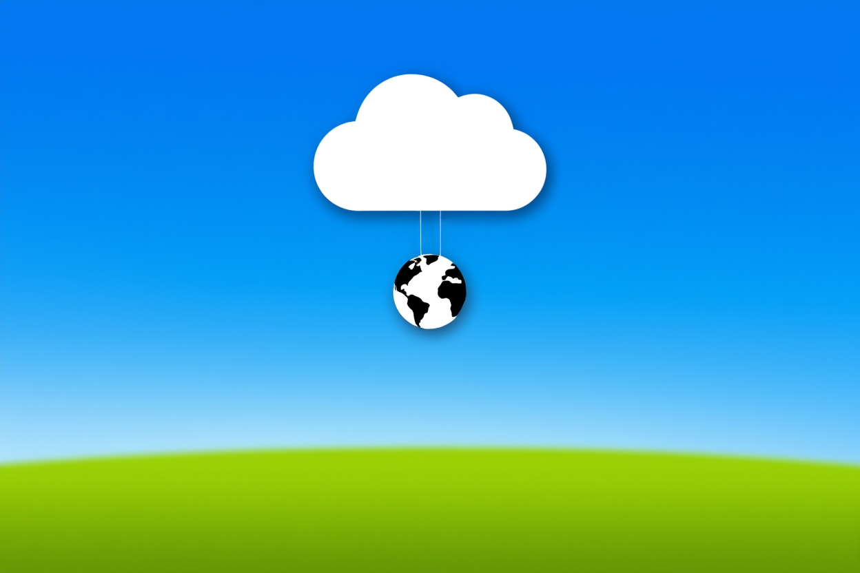un icono de servidor en la nube flotando sobre un globo con líneas de conexión, fondo de cielo azul