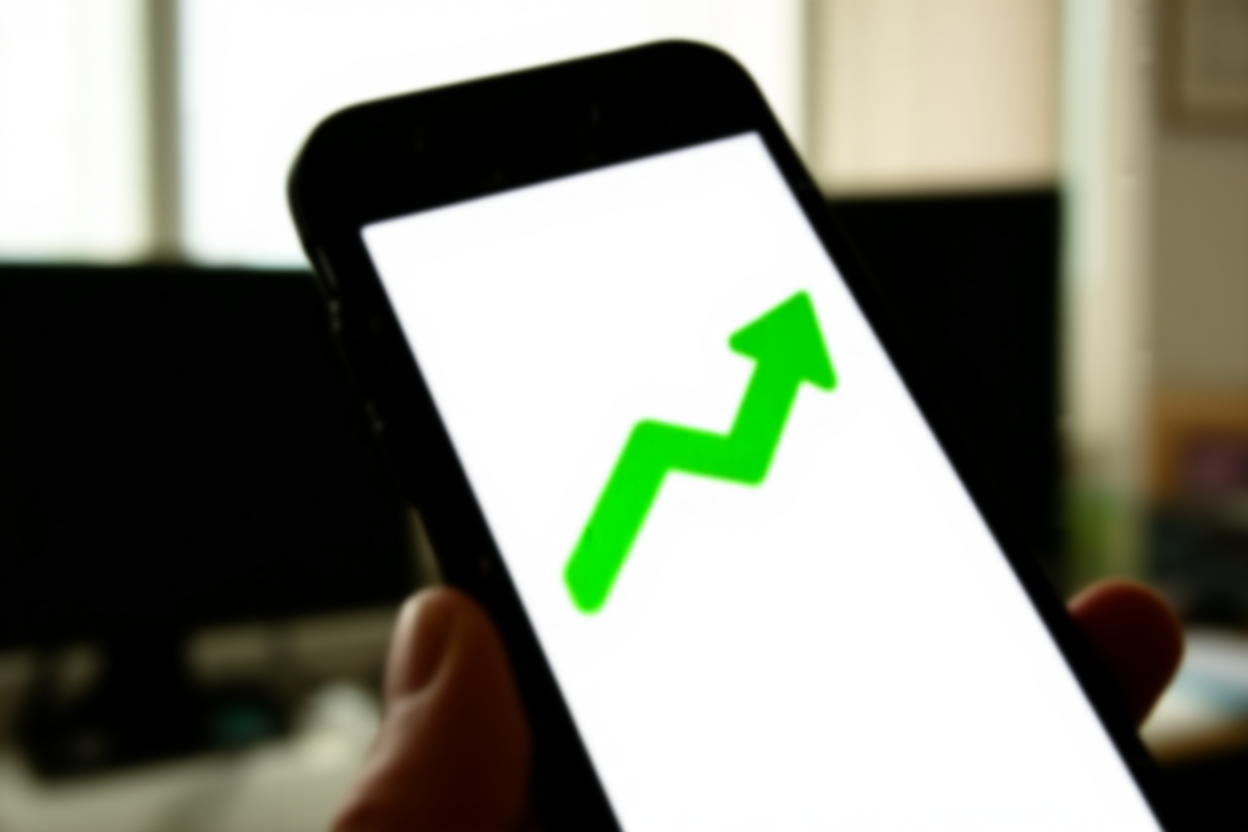 La pantalla de un teléfono móvil mostrando una gráfica de ventas en tendencia ascendente con flechas verdes, sostenida en una mano contra un fondo de oficina desenfocado