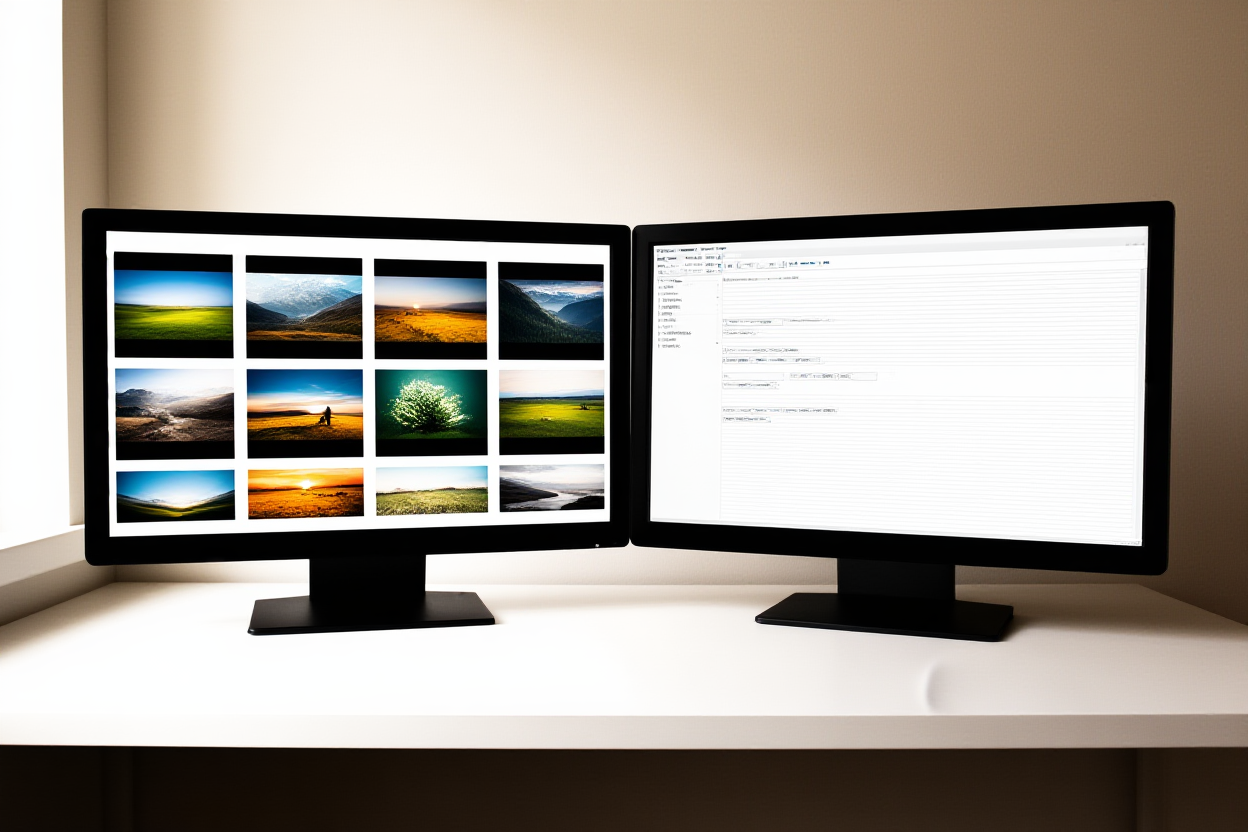 Una vista lado a lado de dos portafolios diferentes de fotografía de stock mostrados en monitores duales, uno mostrando una cuadrícula de imag