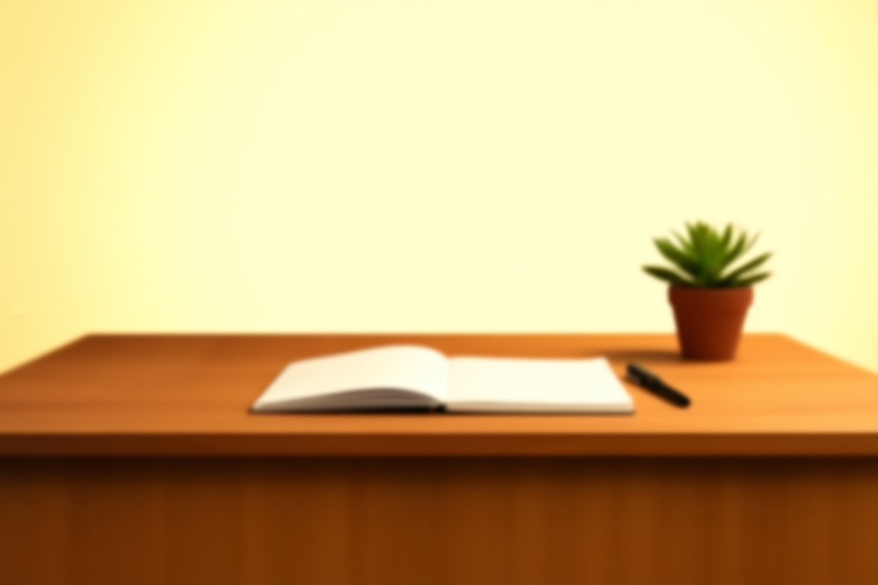 Un escritorio de madera organizado con un cuaderno, una pluma y una pequeña planta en maceta, bañado por la cálida luz del sol de la tarde